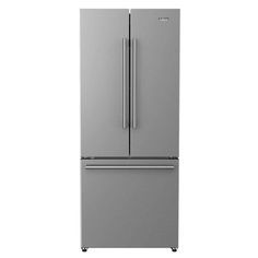 a silver refrigerator freezer sitting on top of a white wall