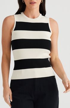 Bold stripes encircle a lightweight sleeveless sweater that's ribbed to hug your shape. 22" length (size Medium) Crewneck Cutaway shoulders 65% viscose, 35% nylon Hand wash, dry flat Imported Bold Stripes, Sleeveless Sweater, Cami Tanks, Black Stripes, Brave, Hand Wash, Nordstrom, Stripes, Womens Tops