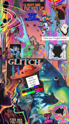 a collage of images and text on a piece of paper with the words glitch above it