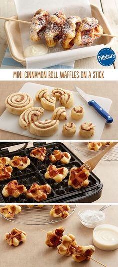 mini cinnamon roll waffles on a stick are ready to be eaten and served