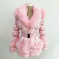 Faux Fur Trim Down Winter Down Coat With Hood and Belt – MomyMall Stile Kylie Jenner, Pink Fur Coat, Faux Fur Collar Coat, Look Rose, Fur Collar Coat, Real Fur Coat, Pink Fur, Black Puffer Jacket, Collared Coat