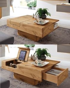 the coffee table is made out of wood and has two drawers on each side, one with