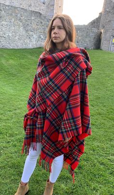 "Irish Pure Lambswool Cape, Ruana, Wrap , Shawl - 100% Pure New Wool -Royal Stewart Tartan/Plaid Check -Supersoft -HANDMADE IN IRELAND Our luxury capes are elegantly stylish and wrap you in warmth. They can be worn in all seasons and can cover a multitude of sins! They are both practical and hard wearing and their versatility means they look fantastic in the town or country and work for both special occasions or for every day wear. - Extremely versatile wrap, - Can be worn so many ways - Can be Tartan Clothing, Ruana Wrap, Royal Stewart Tartan, County Kerry, Stewart Tartan, Plaid Outfits, Killarney, Wrap Shawl, Tartan Plaid