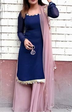 Palazzo Kurti, Tassels Fashion Clothing, Georgette Palazzo, Border Lace, Punjabi Outfits, Simple Kurta Designs, Kurti Set, Pakistani Dresses Casual, Sharara Suit