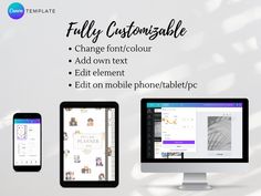 three computer screens with the text fully customizable change font / color add own text edit element edit on mobile phone / tablet