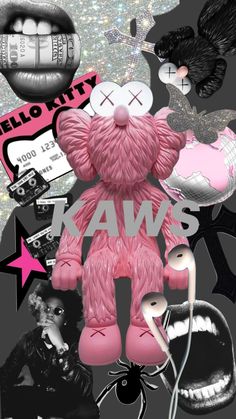 a pink teddy bear sitting on top of a pile of assorted items in front of a black and white background