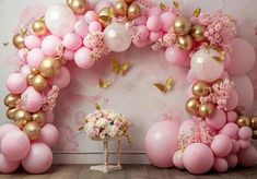 Pink Balloons Arch Backdrop - Gatsby Backdrop Gold And Pink Balloons, Backdrop Flowers, Baby Shower Balloon Arch, Balloons Arch, Butterfly Girl, Arch Backdrop, Pregnant Wedding, Rose Garland