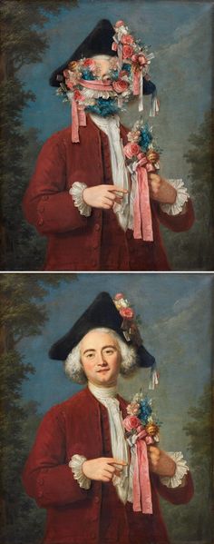 two paintings of a man wearing a red coat and black hat with flowers in his hair