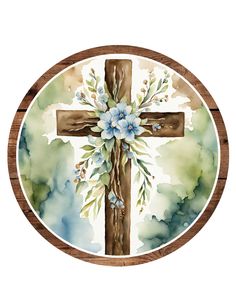 a watercolor painting of a cross with flowers and leaves on the front, in a circle