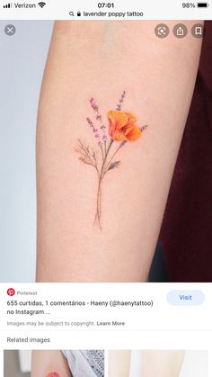 an orange flower tattoo on the left side of the right arm is shown in three different pictures