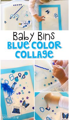 a collage of photos showing how to make blue color collages for babies and toddlers