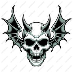 a skull with horns and fangs on it's head, in the shape of a bat