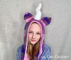 Hand crocheted adult unicorn hooded scarf with pockets. I crocheted the hooded scarf using soft chunky yarn. The scarf can be wrapped around your neck or use the pockets at the ends of the scarf to keep your hands extra cozy. Made in a smoke free/pet free home. Ready for immediate shipment, includes free economy insured shipping. The hood, scarf and ears are made with Cherry Blossom color Loops and Threads yarn - a mix of purple, pink and gray. The mane is a mix of lavender, plum and gray and th Unicorn Scarf Crochet, Unicorn Crochet Scarf, Unicorn Hooded Scarf Crochet, Crocheted Unicorn, Loops And Threads Yarn, Hood Scarf, Hoodie Scarf, Unicorn Hoodie, Violet Rose