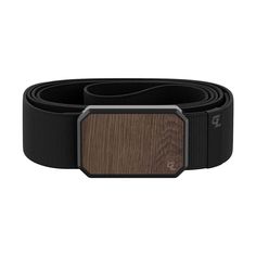 a black belt with a wooden buckle on the front and side, it is made out of