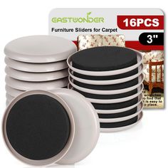 a stack of black and white plates next to a package of furniture slides for carpet