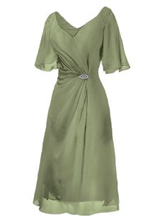 Olive_Green Sage Tea, Mother Of The Bride Dress, Bride Dresses, Tea Length, Ruched Dress, Chiffon Fabric, Mother Of The Bride Dresses, Bride Dress, Half Sleeves