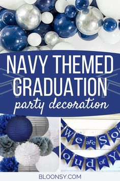 navy themed graduation party decoration with blue and white balloons, paper pom poms, and streamers