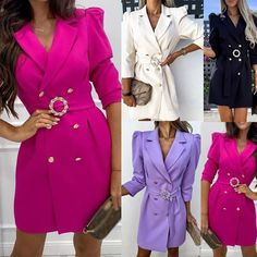 New Bubble Sleeve Lapel Women's Slim Suit Dress Women Solid Color High Waist Solid Color Bodycon Dress Vestidos De Mujer Fitted Pink Blazer Dress For Office, Fitted Long Sleeve Belted Blazer Dress, Single Breasted Mini Dress For Party, Office Wear Double-breasted Belted Dress, Double-breasted Belted Dress For Office, Knee-length Business Dress With Buttons, Fitted Single-breasted Dress For Party, Office Double-breasted Belted Dress, Office Belted Double-breasted Dress