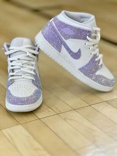 Dream Shoes Jordans, Purple Jordans, Sneakers With Platform, Custom Jordan Shoes, Cute Jordans, Rhinestone Sneakers, Custom Air Jordan 1, Nike Shoes Women Fashion