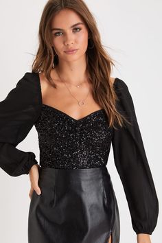 Black Sequin Crop Top - Sequin Top - Sheer Balloon Sleeve Top - Lulus Glamorous Fall Top With Contrast Sequin, Glamorous Contrast Sequin Top For Fall, Glamorous Fall Tops With Contrast Sequin, Glamorous Sequin Tops For Night Out, Chic Contrast Sequin Fabric For Night Out, Black Fitted Sequin Fabric For Date Night, Black Embellished Sequin Fabric For Date Night, Fitted Black Sequin Fabric For Date Night, Black Sequin Fabric For Date Night