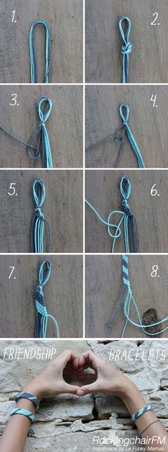 instructions to make a bracelet with rope and beads on the outside, including two hands