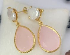 Gold Peach Earrings Pink Earrings Champagne Earrings Glass - Etsy Pink Teardrop Pearl Earrings For Wedding, Champagne Earrings, Peach Earrings, Jewelry Bridesmaid, Earrings Bridesmaid, Etsy Bridesmaid Gifts, Earrings Pink, Pink Earrings, Jewelry Wedding