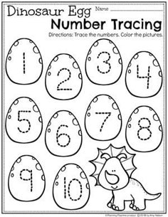 a printable worksheet to teach numbers in the shape of an egg with dinosaur eggs