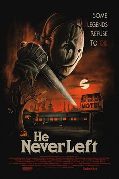 the movie poster for he never left with a knife stuck in his head and hands