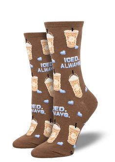 Brown crew socks for women with a repeating pattern of iced coffee drinks Casual Brown Stretch Socks, Casual Brown Mid-calf Socks, Casual Comfortable Mid-calf Socks, Comfortable Casual Mid-calf Socks, Casual Fitted Brown Socks, Comfortable Fitted Mid-calf Socks, Coffee Socks, Morning Iced Coffee, Solmate Socks