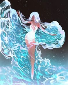 a woman standing in the water with her hair blowing up and clouds around her head