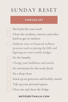 Sunday Reset Checklist Infographics that; black text over beige background and checkboxes Sunday Rest, Importance Of Self Care, Rest And Recharge, Life Routines