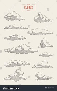 hand drawn clouds in the sky with different shapes and sizes, set of nine illustrations