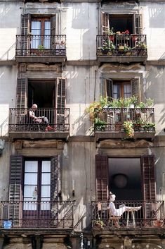 an apartment building with balconies and flowers on the balconys in front of it