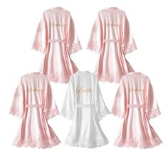 PRICES MAY VARY. Stylish Combination: 5 piecs of wedding party satin robe in the package, including 1 piece of bride robe and 4 pieces of bridesmaids robes. Luxurious Design: Each silk robe are embroidered with delicate character letters on Back. “Bride” and “Bridesmaid”. Elegant lace trim on sleeve and bottom. Looks more stylish and luxurious. Material: Those short satin robe are made of polyester material, which is Ultra-Soft and Lightweight Fabric, will make you feel relaxed in the whole day, Pink Satin Finish Robe For Wedding, Satin Gown For Bridal Shower, Robe For Bridesmaids, Bridesmaid Bathrobe, White Bridal Robe, Wedding Party Robes, Wedding Sleepwear, Bridal Sleepwear, Bridesmaids Robes