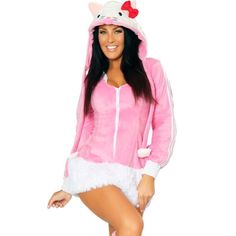 a woman in a pink kitty costume posing for the camera