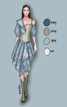 a drawing of a woman in a dress and boots with color swatches on the side