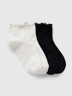 Soft, stretch ankle socks.  Ribbed, ruffled top.  Reinforced toe and heel.  This sock is made with 20% recycled polyester.  Compared to virgin materials, using recycled materials helps to reduce resource use and waste.  This product was made in a factory that invests in gender equality and women’s empowerment.  Through RISE Reimagining Industry to Support Equality) and Gap Inc. ’s program P. A. C. E.  Personal Advancement & Career Enhancement), we support people who make our clothes to build the Teen Ankle Socks, Winter Necessities, Socks Aesthetic, Romanticizing School, Ruffled Socks, Christmas Idea, Apartment Bedroom, Cute Pants, Brand Collaboration