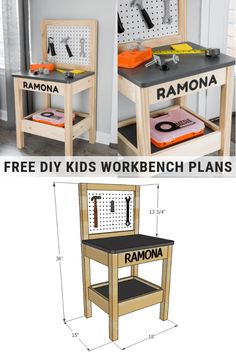 two kids workbench plans with the words free diy kids workbench plans