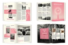 an open magazine is shown with pink and white images on it's front pages