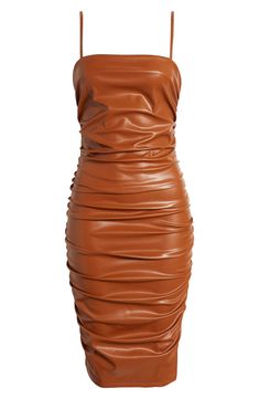 Turn heads in this night-out dress elevated in sleek faux leather with rippled ruching. 35" length (size Small) Square neck Spaghetti straps Unlined 60% polyurethane, 40% polyester Hand wash, dry flat Imported Brown Faux Leather Dress For Fall, Chic Brown Faux Leather Dress, Fitted Brown Faux Leather Dress, Elegant Brown Leather Mini Dress, Fitted Brown Faux Leather Mini Dress, Brown Leather Dress, Faux Leather Dress, Night Out Dress, Leather Dresses