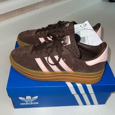 Size 8, Brand New In Box, Rare Color. Adidas Shoes Women Trendy, Pink And Brown Adidas, Brown And Pink Adidas, Adidas Gazelle Brown, Gazelle Bold Outfit, Shoes Wishlist, Adidas Brown, Manifest Board, Icy Pink