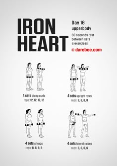 the iron heart workout poster shows how to use it for strength and bodybuilding exercises