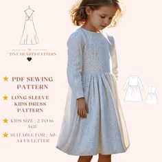 Long Sleeve Kids Dress Pattern With Pocket | PDF Sewing Pattern For Kids | Girls Dress Sewing Pattern | A0 A4 US Letter-Girl Size 2-16 Age. Woven Fabric, Natural Waist Seam, Knee Length, Gathered Skirt, In-Seam Pockets, Round Neck, Back Buttoned Seam Full-Length Top Closure, Back Round Jewel Neck, Full Fitted Sleeve.This product has no lining and interlining. Long Sleeve Kids Dress Sewing Pattern With Pocket, available as an instant download (pdf) sewing pattern bundle with a range of size optio Kids Dress Pattern, Long Sleeve Kids Dress, Kids Girls Dress, Drop Shoulder Dress, Long Flower Girl Dresses, Girls Dress Sewing Patterns, Kids Dress Patterns, Sewing Patterns Girls, Sewing Instructions