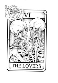 the lovers tarot card with two skeletons holding hands in front of each other, and a rose on top