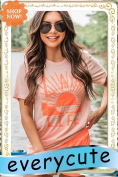 Pink Lake Life Graphic Print Short Sleeve T Shirt Orange Screen Print Tops For Spring, Spring Orange Screen Print Tops, Summer Orange Relaxed Fit T-shirt, Orange Relaxed Fit T-shirt For Summer, Orange Summer Tops With Text Print, Orange Text Print Top For Summer, Orange Crew Neck Top For Summer, Pink Lake, Tops Graphic