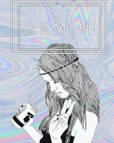 a girl with long hair and glasses holding a coffee cup in her hand, while the words gemin are above her