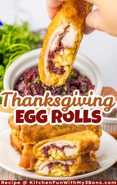 a turkey roll with cranberry sauce on it and the words thanksgiving egg rolls