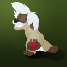 a cartoon dog holding a red object in its paws and sitting on the ground with it's paw up