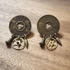 Handmade Luxury Tax Token Steampunk Stud Earrings - Made from vintage brass luxury tax tokens - Dimensions: 1.5" length - Post back Please see all photos for condition details. Jewelry Earrings Studs, Vintage Brass, Etsy Earrings, Jewelry Earrings, Stud Earrings, Brass