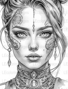 a black and white drawing of a woman's face with tattoos on her head